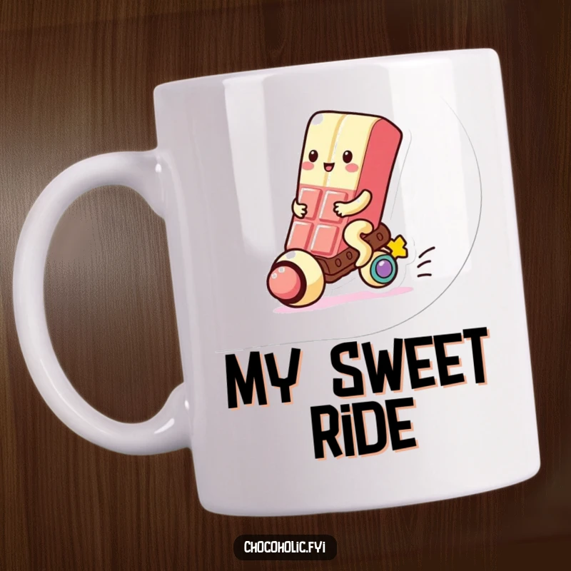 Funny Mug: Kawaii chocolate bar character joyfully rides a colorful gumball, symbolizing sweet adventures and pure happiness.