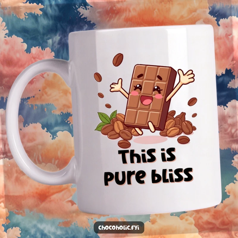 Funny mug showing a chocolate bar character triumphantly leaping amidst scattered cocoa beans, celebrating pure chocolate bliss.