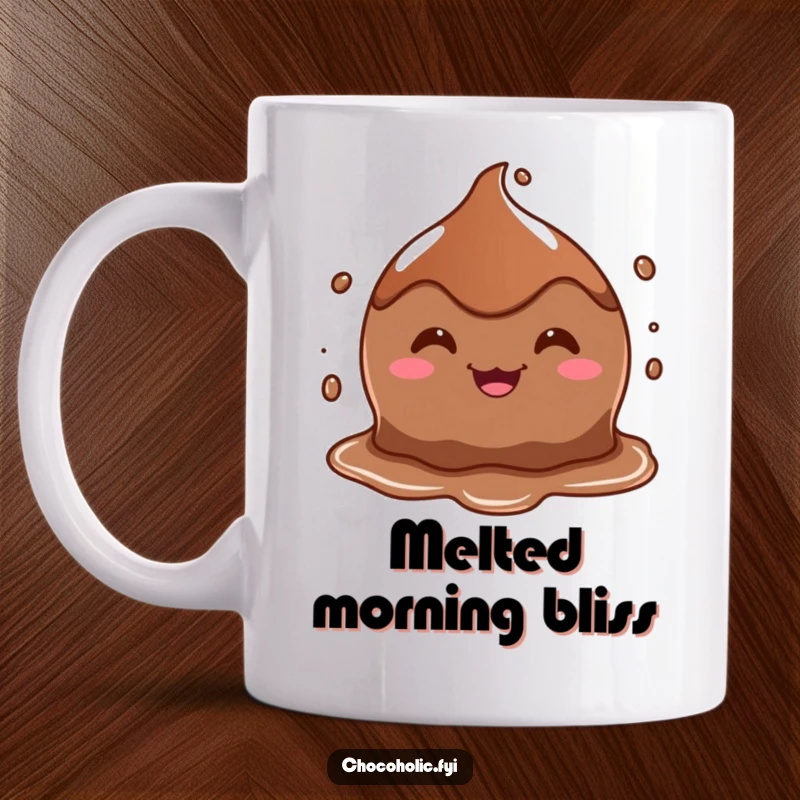 Funny mug with a smiling, melting chocolate puddle character, looking endearingly goofy and delicious.