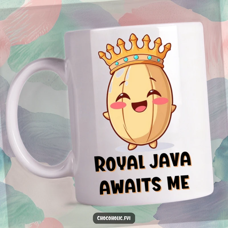 Funny mug featuring a crowned cocoa bean with an overjoyed expression, celebrating its royal status in a whimsical way.