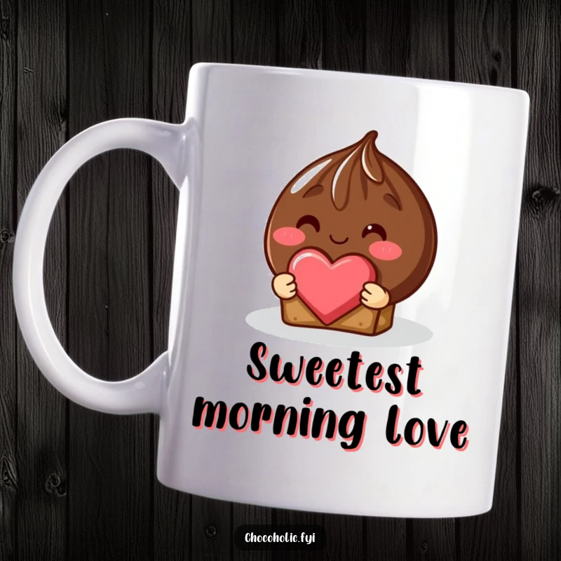 Funny chocolate truffle with a rosy blush shyly offering a heart-shaped piece on a mug.