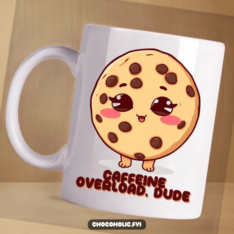 Funny mug with a chocolate chip cookie character, eyes crossed in a sugar rush, looking hilariously frantic.