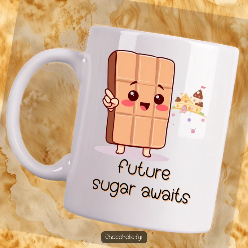 Funny Mug: Kawaii chocolate bar character excitedly points towards a distant, magical candy land, symbolizing sweet dreams.