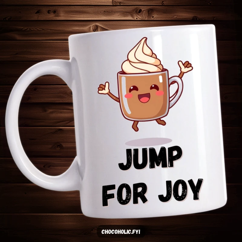 Funny happy chocolate mug character with a cream swirl doing a celebratory jump, perfect for coffee drinkers.