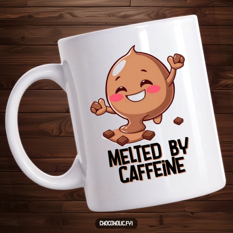 Funny melting chocolate blob character with a silly grin reaching for more chocolate on a mug.