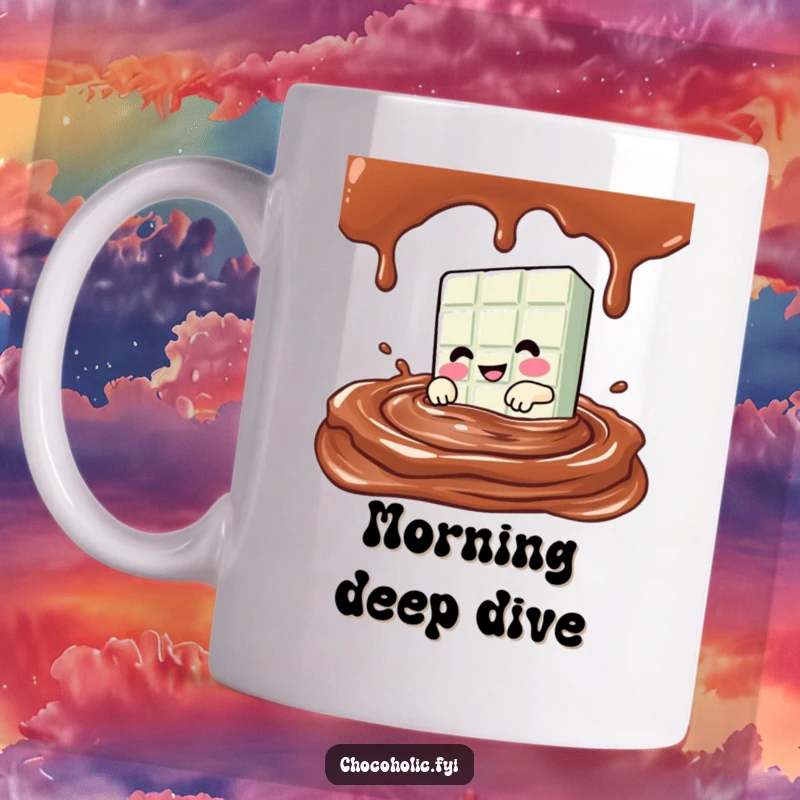 Funny Kawaii chocolate bar character eagerly diving headfirst into a rich pool of chocolate sauce on a mug.