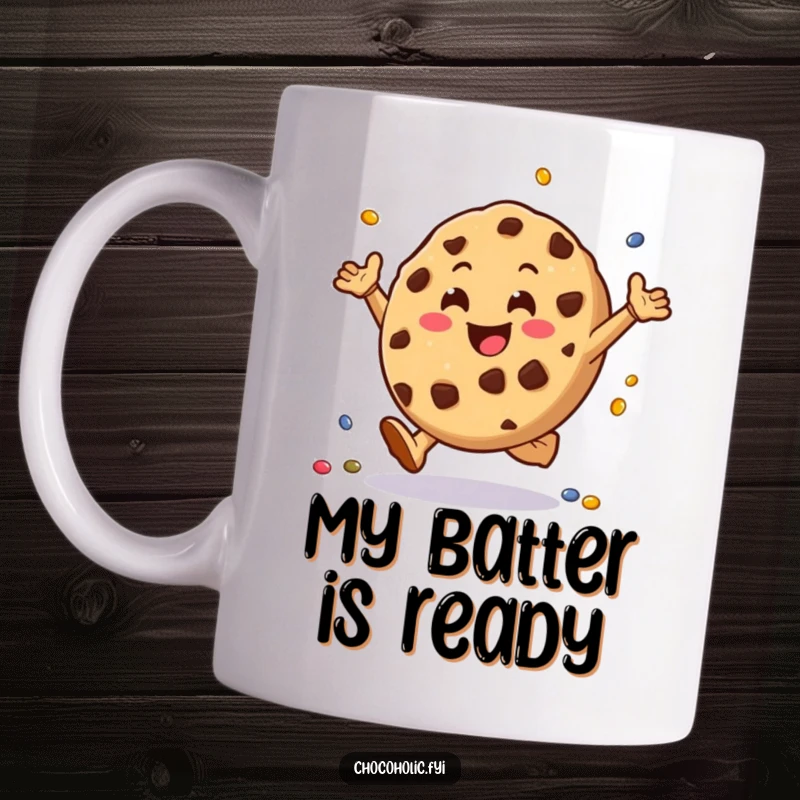 Funny chocolate chip cookie mug character doing cartwheels joyfully with tiny candies, celebrating sweet moments with energetic fun.