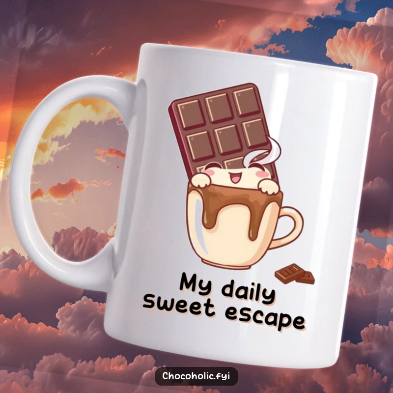 Funny mug with a chocolate bar character peeking over the rim of a tiny, steaming mug with an expression of absolute delight.