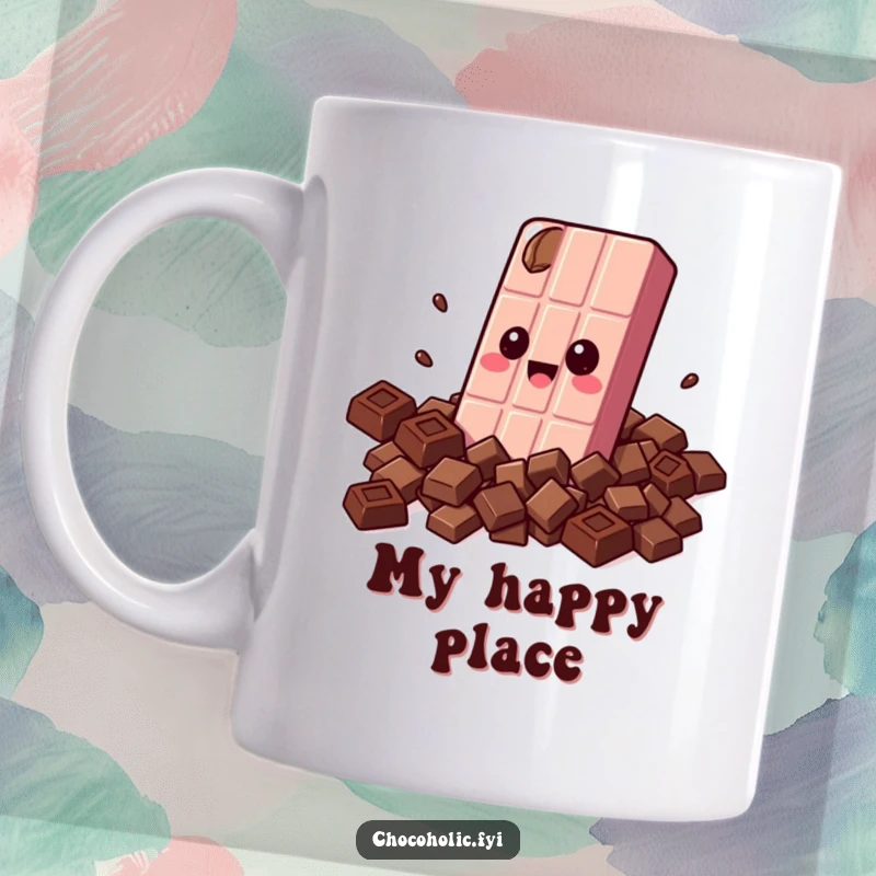Funny mug of a kawaii chocolate bar character with wide eyes, joyfully hugging itself with smaller chocolate pieces.