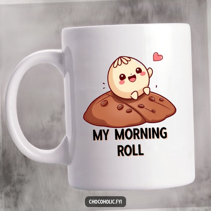 Funny Kawaii truffle character gleefully rolling down a chocolate hill, a delightful and funny mug.