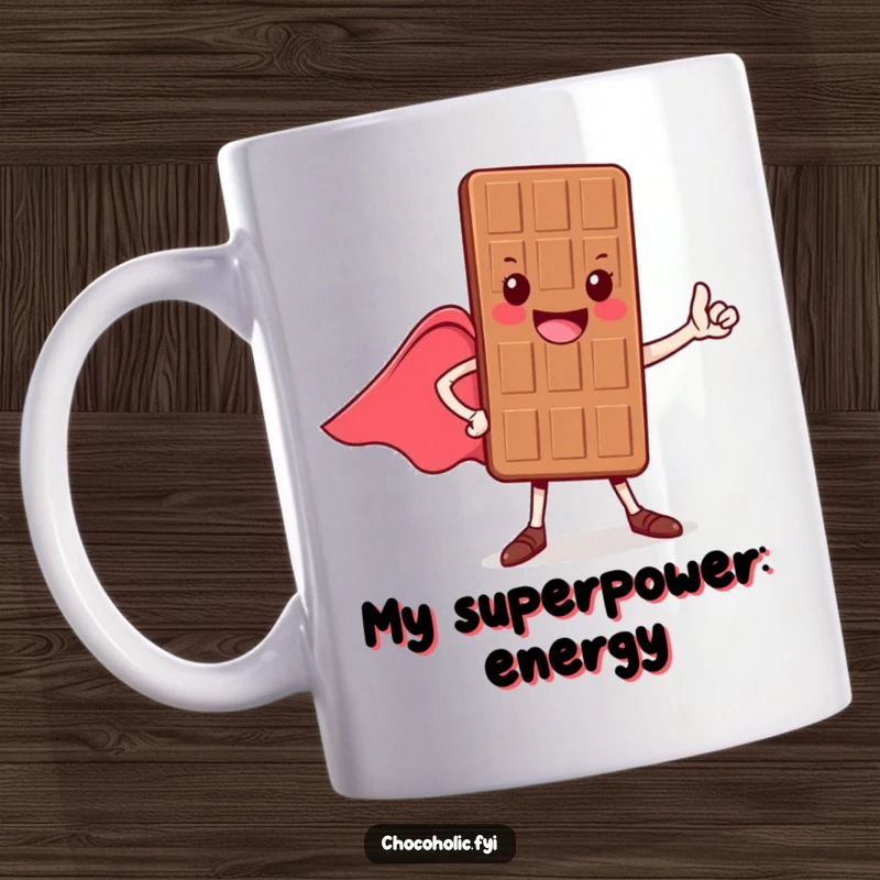 Funny mug featuring a cheerful chocolate bar character in a heroic pose, cape flowing dramatically, ready for adventure.