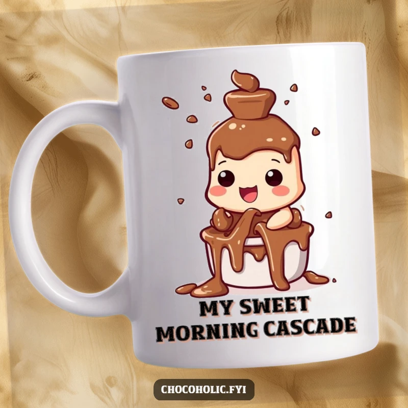 Funny chocolate fountain mug with a character joyfully spraying streams of chocolatey goodness, expressing pure happiness.