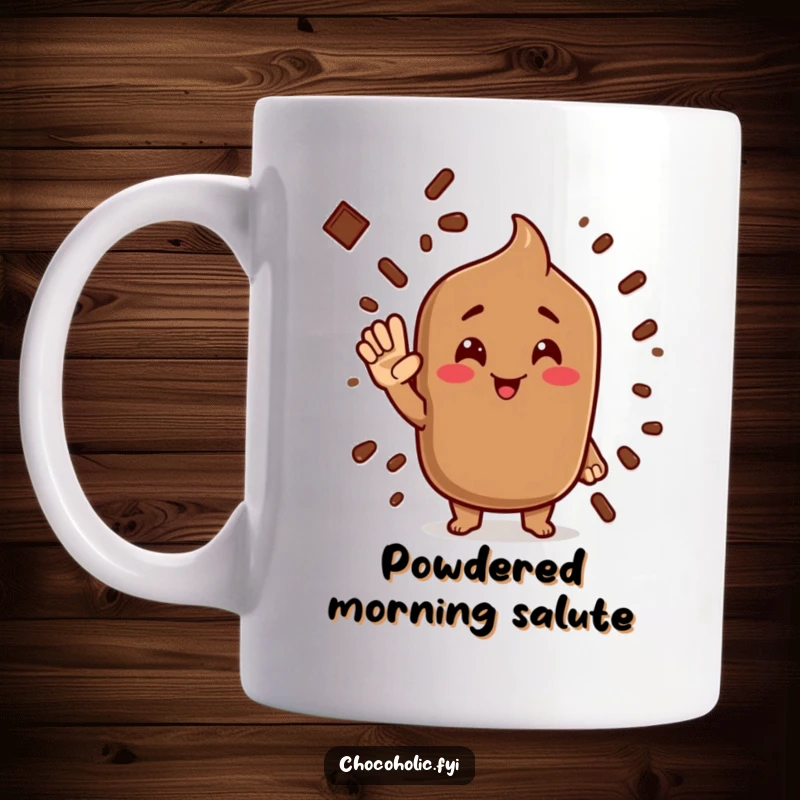 Funny cocoa powder mug with a character giving a silly salute, expressing playful enthusiasm and humor.