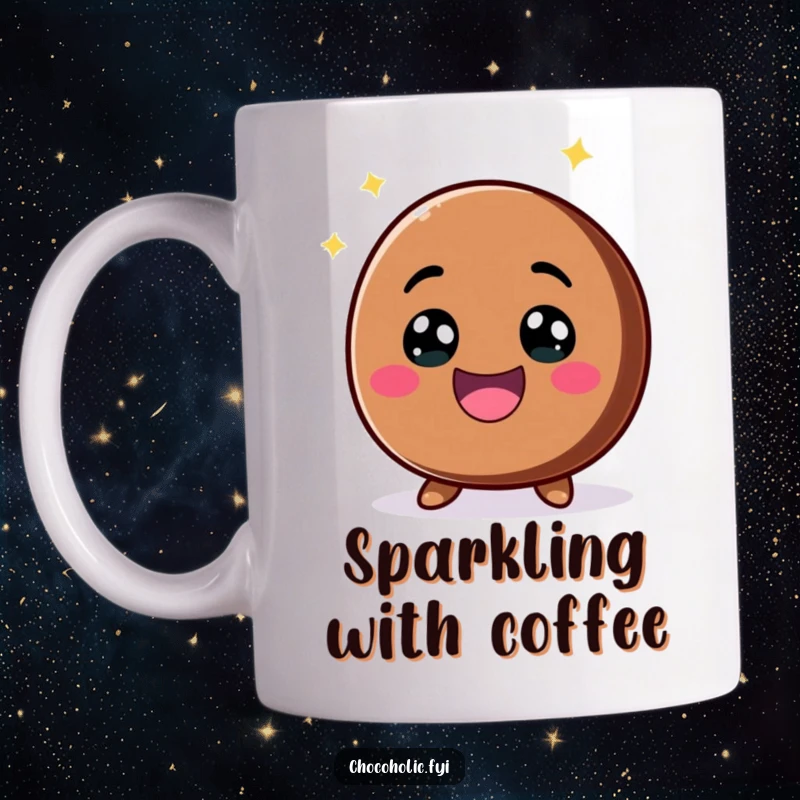 Funny kawaii chocolate chip with a big, excited smile and sparkling eyes on a mug, expressing pure delight and enthusiasm.