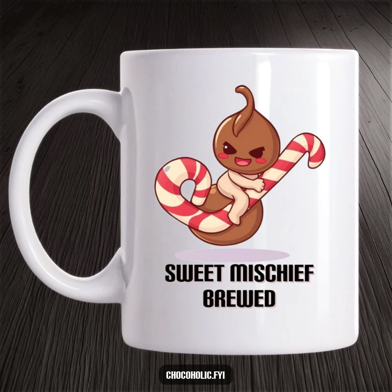 Funny chocolate truffle mug character with a mischievous smirk, attempting to ride a giant candy cane, embodying playful adventure.