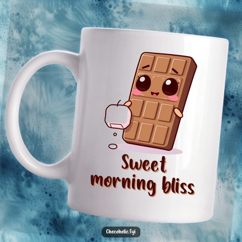 Funny Kawaii chocolate bar with ecstatic eyes, reaching for a falling marshmallow on a joyous mug.