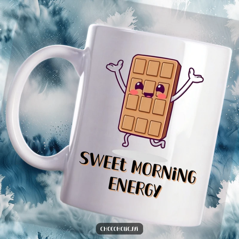 Funny mug featuring a chocolate bar character joyfully hopping with its arms raised in celebration of sweetness.