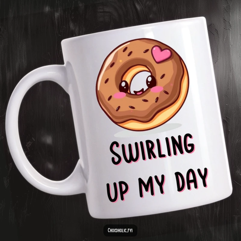 Funny mug featuring a kawaii chocolate donut character with a joyful swirl, radiating happiness and sweetness.