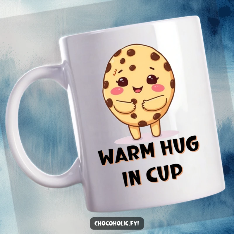 Funny mug featuring a kawaii chocolate chip cookie character giving a warm, fuzzy, comforting hug.