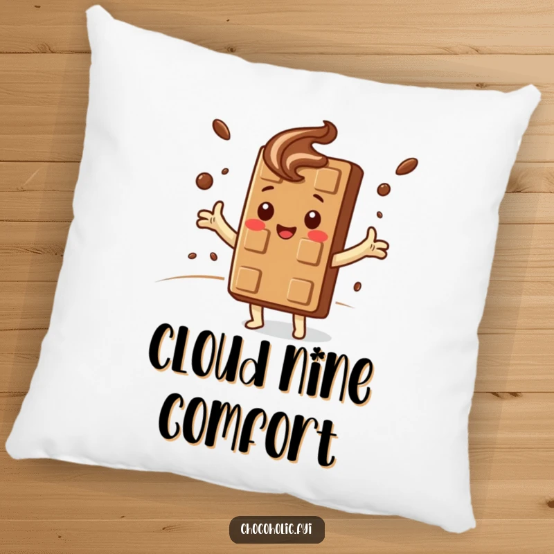 Funny Pillow: Cute kawaii chocolate bar character hugs a swirling cocoa cloud, offering sweet comfort and gentle charm.