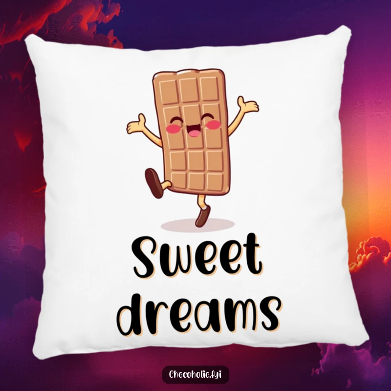 Soft funny chocolate bar character pillow doing a cartwheel, offering comfort and sweet vibes.