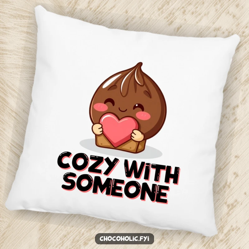 Funny shy chocolate truffle pillow with rosy blush, offering a heart-shaped piece for cozy comfort.