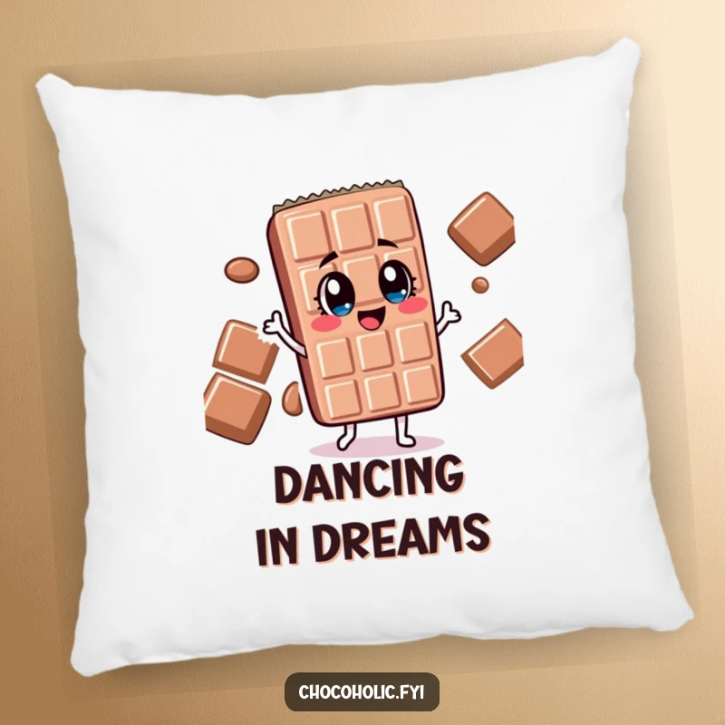 Funny chocolate bar character with wide, delighted eyes doing a silly dance on a soft pillow, adding coziness.