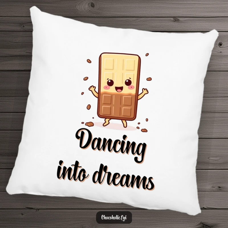 Funny Pillow: Kawaii chocolate bar character dancing happily, shedding crumbs, providing a soft, humorous, and sweet decorative accent for ultimate comfort.