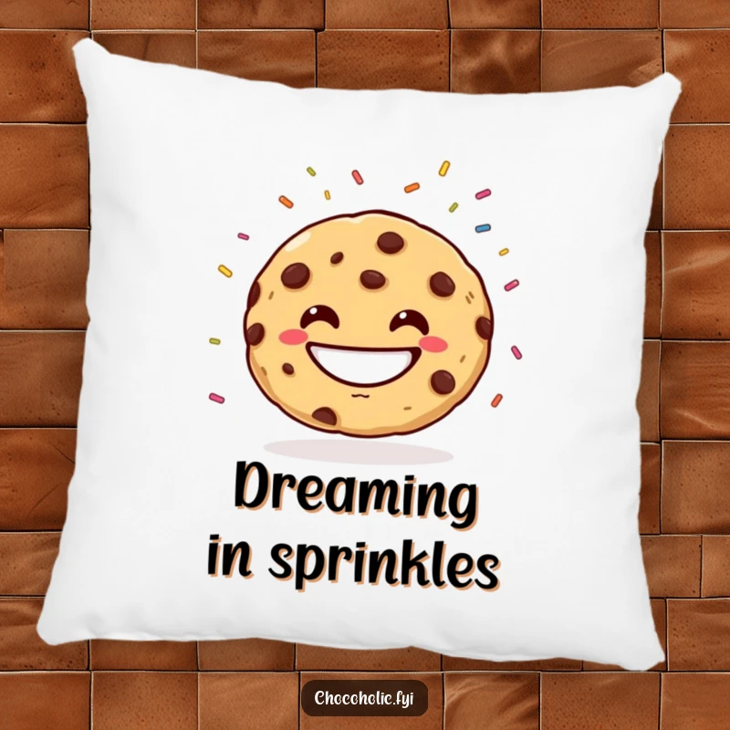 Funny Pillow featuring a smiling chocolate chip cookie juggling colorful sprinkles, adding a playful accent to any room. Soft and humorous decor.