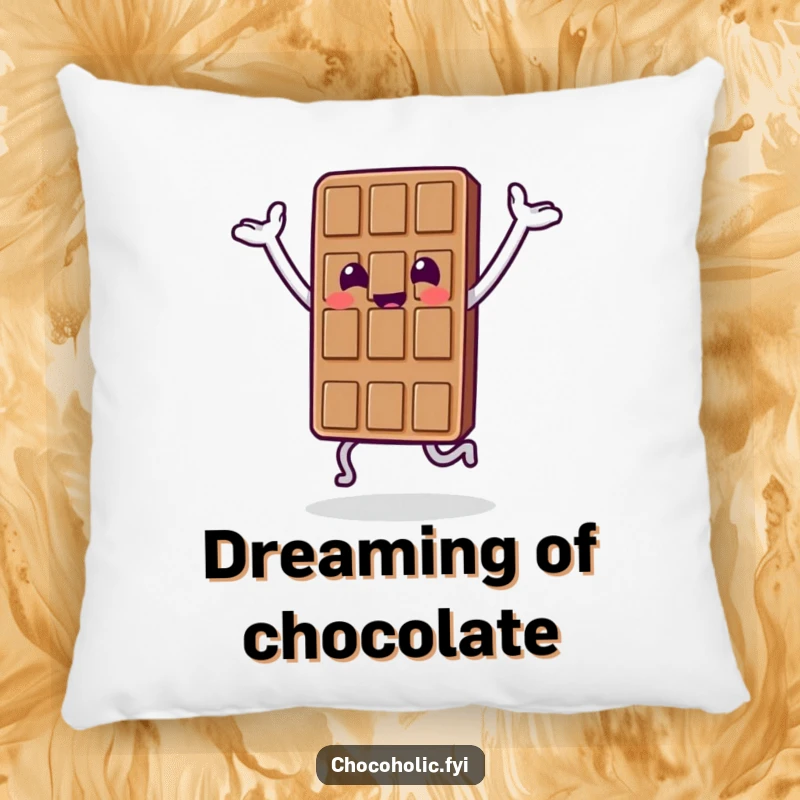 Funny decorative pillow featuring a chocolate bar character happily hopping with its arms up, adding sweet cheer.