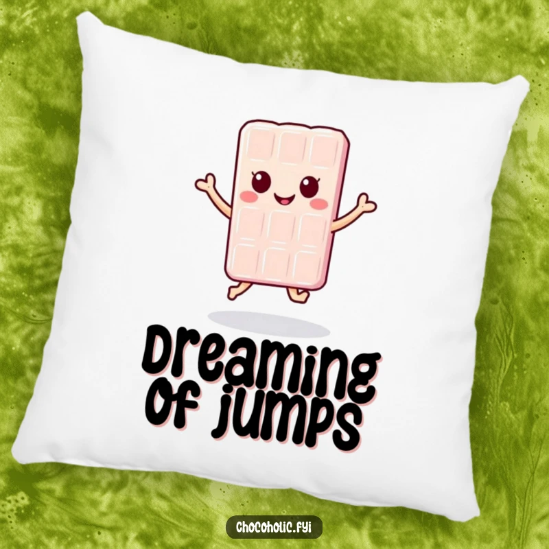 Funny kawaii chocolate bar character in a happy jump pose on a soft pillow, providing comfort and a touch of cute.