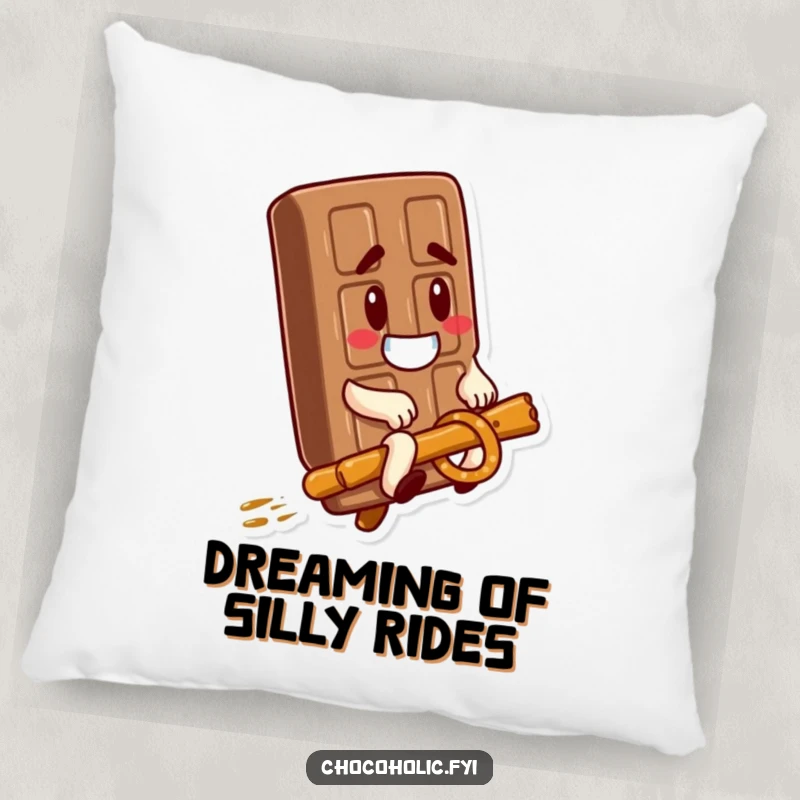Funny Pillow: A chocolate bar with a goofy expression rides a pretzel stick, offering a cozy and humorous decorative touch.