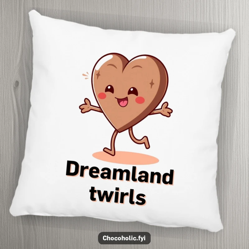 Funny pillow featuring a giddy chocolate heart character in a playful spin, offering cozy comfort and cheerful vibes.