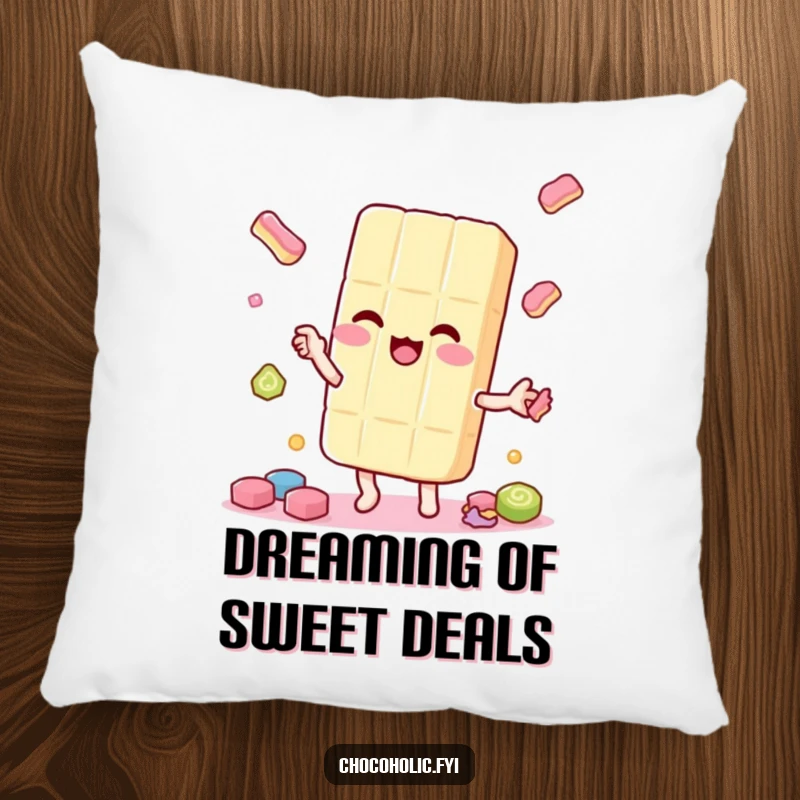 Funny kawaii candy bar character, juggling smaller candies playfully, printed on a soft, decorative pillow, sweet and humorous.