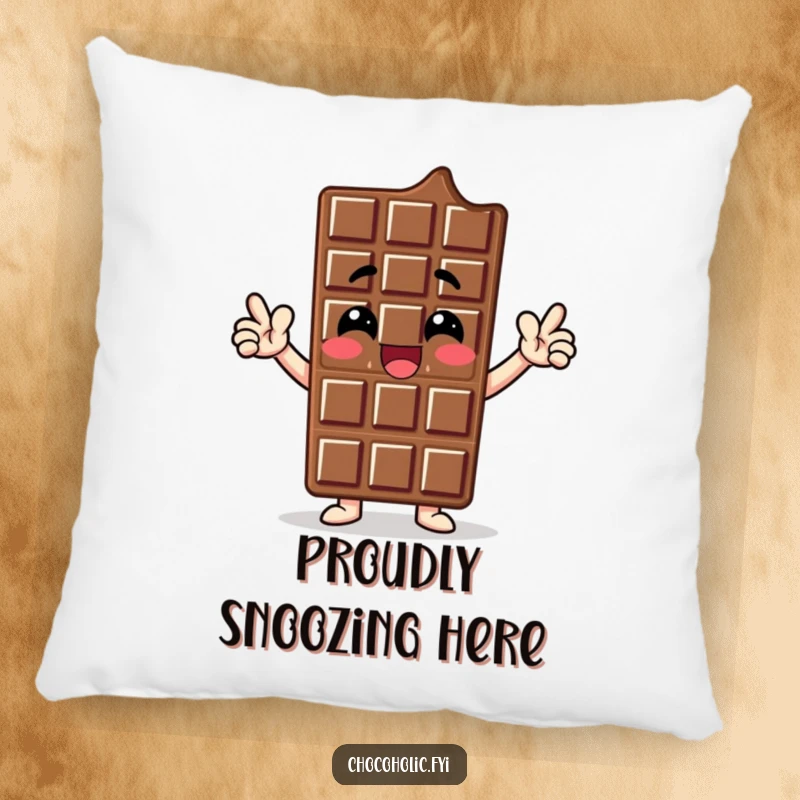 Funny pillow showcasing a chocolate bar character striking a proud, enthusiastic pose, radiating confidence and sweet triumph.