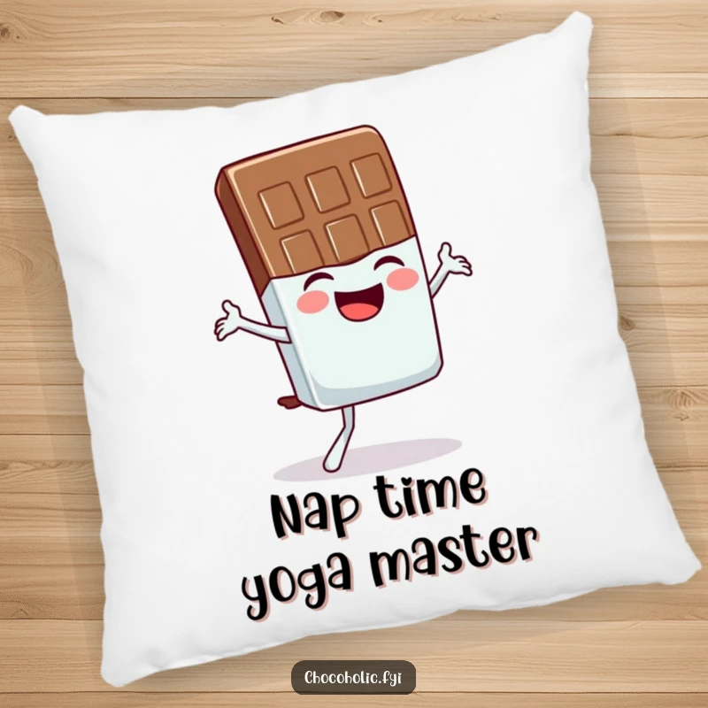 Funny pillow showcasing a chocolate bar character giggling while attempting a hilariously wobbly balance pose, perfect for a cozy laugh.