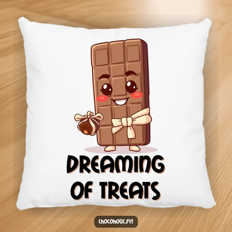 Funny pillow featuring a grinning chocolate bar character offering a small, perfect truffle, bringing a touch of sweet, humorous comfort.