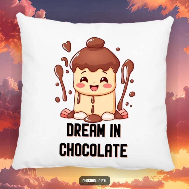 Funny happy chocolate fountain pillow character with a wide grin, cascading streams of sweet bliss, soft and decorative.