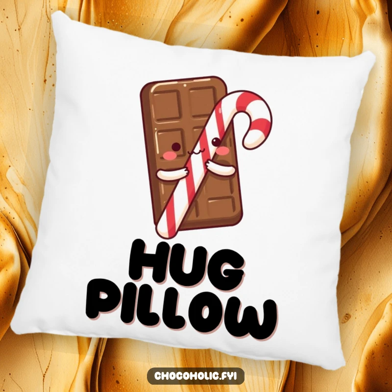 A chocolate bar with tiny arms excitedly hugging a candy cane, depicted on a soft pillow for a humorous and comforting sweet accent.
