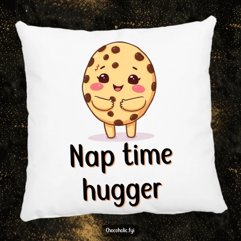 Funny pillow featuring a kawaii chocolate chip cookie character giving a warm, fuzzy hug, perfect for cozy relaxation.
