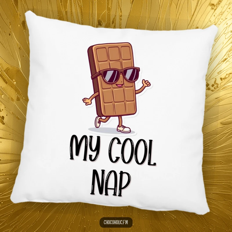 Funny pillow featuring a cool chocolate bar character in sunglasses doing a confident strut, offering cozy comfort and style.