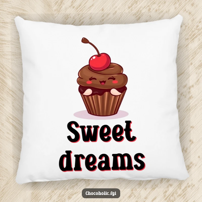Funny Pillow featuring a chocolate cupcake with a cherry in a playful pose, adding a sweet accent to any room. Soft and humorous decor.