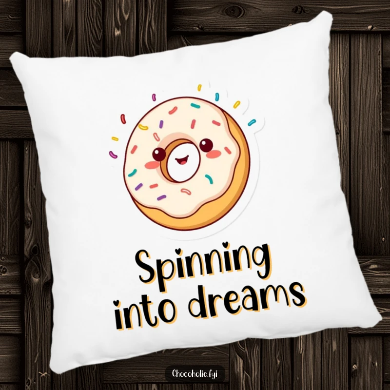 Funny kawaii donut character, spinning with sprinkles flying, printed on a soft, decorative pillow, full of delight.