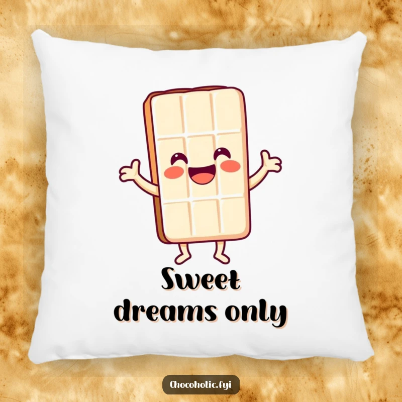 Funny Kawaii chocolate bar character with a huge smile dancing happily on a soft pillow, bringing sweet comfort.