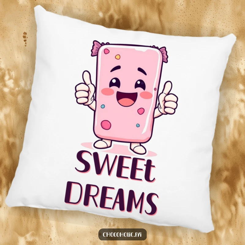 Funny Kawaii candy bar character giving a double thumbs-up, a soft and humorous pillow for comfort.