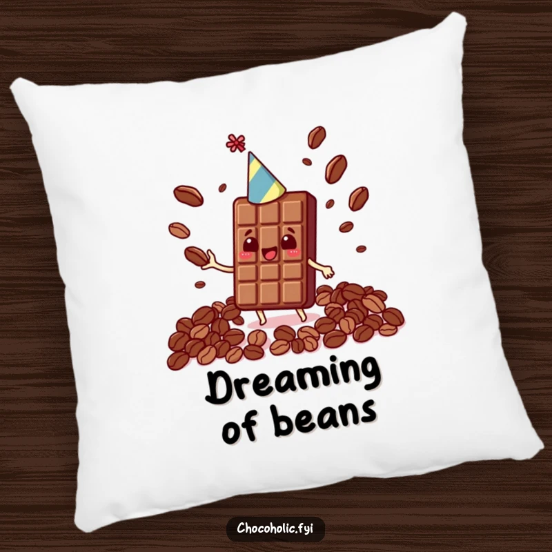 Funny Kawaii chocolate bar in a party hat, juggling cocoa beans, adorning a soft and comfy pillow.