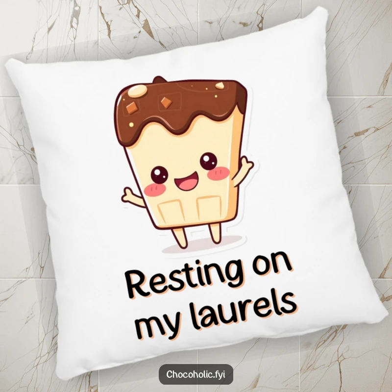 Funny pillow featuring a kawaii chocolate bar character beaming with pride, ideal for a boost of confidence.