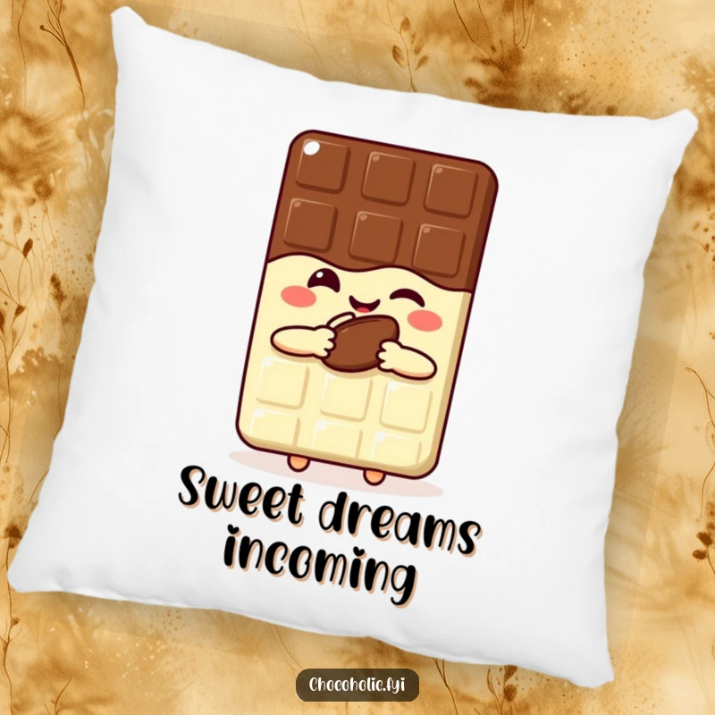 Funny kawaii chocolate bar pillow showing a happy, winking character holding a cocoa bean, for ultimate comfort.