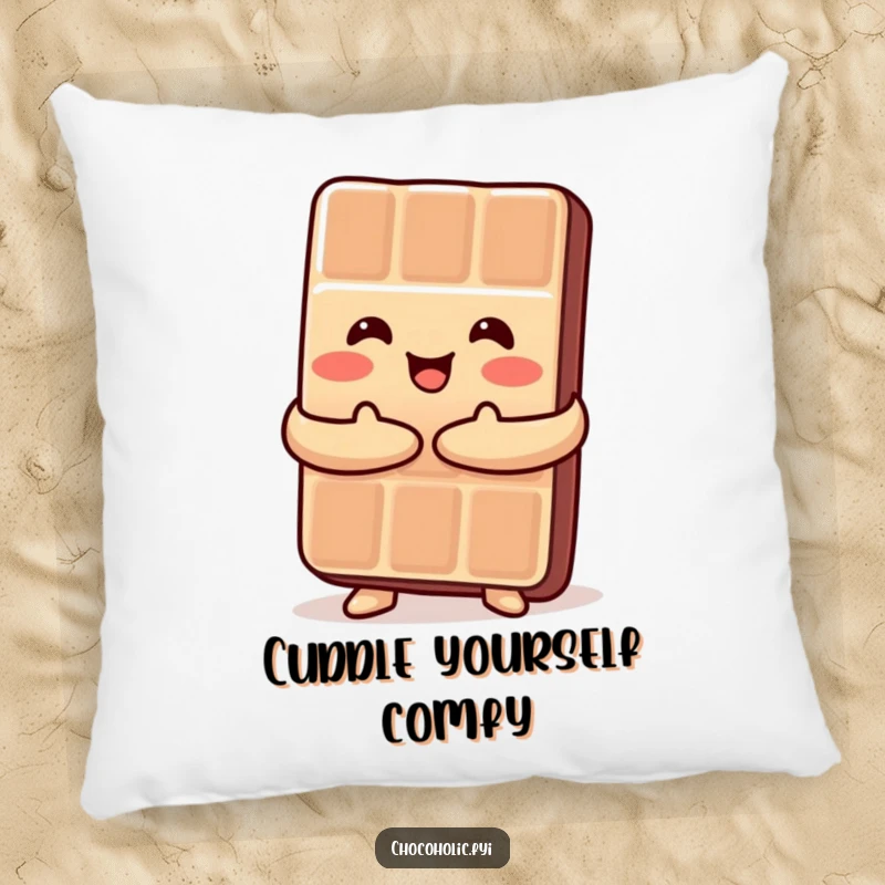 Funny Kawaii chocolate bar embracing itself in a happy hug, a soft and humorous decorative pillow.