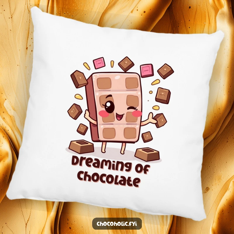 Funny Kawaii Chocolate Wink Pillow: A cute chocolate character winking and juggling melting squares, perfect for cozy smiles.